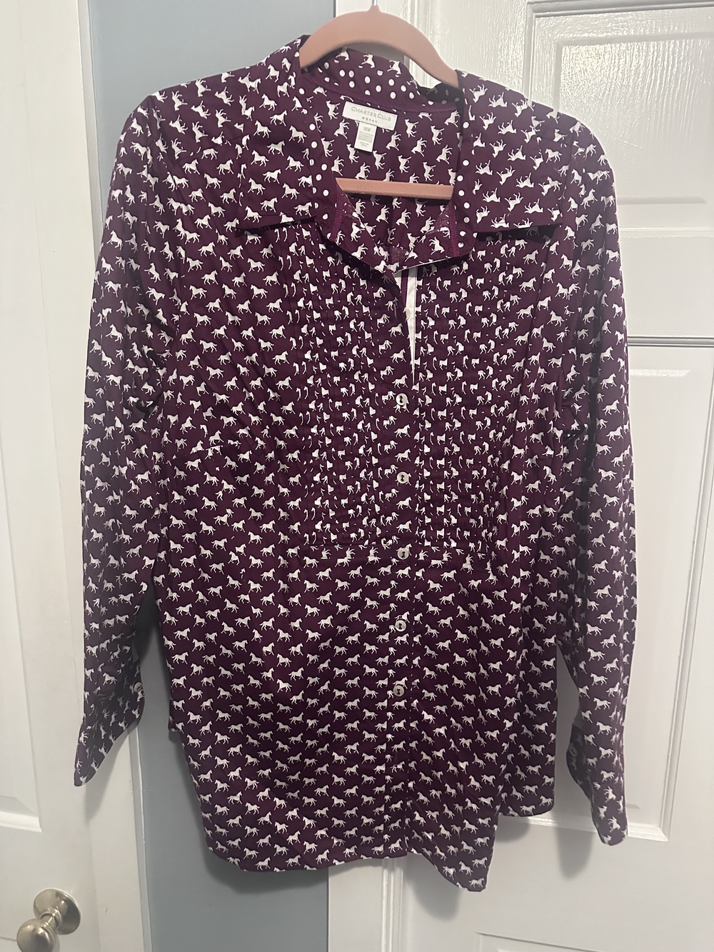Charter Club Burgundy Button-Down Blouse with White Horse Print - 18W
